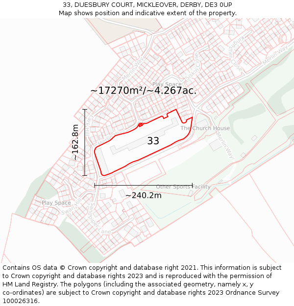 33, DUESBURY COURT, MICKLEOVER, DERBY, DE3 0UP: Plot and title map