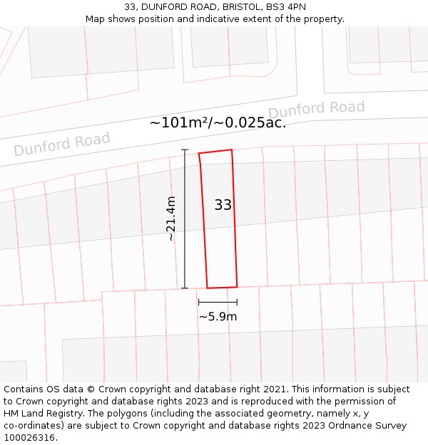 33, DUNFORD ROAD, BRISTOL, BS3 4PN: Plot and title map