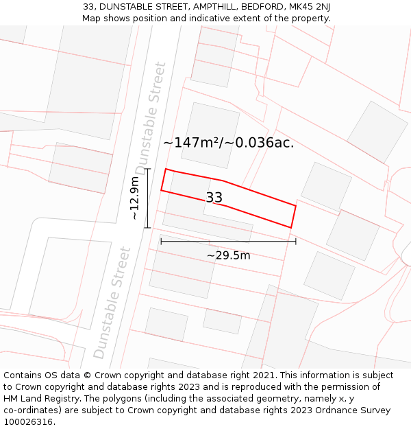 33, DUNSTABLE STREET, AMPTHILL, BEDFORD, MK45 2NJ: Plot and title map