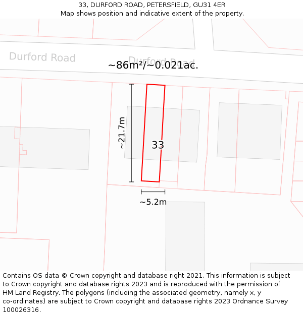 33, DURFORD ROAD, PETERSFIELD, GU31 4ER: Plot and title map