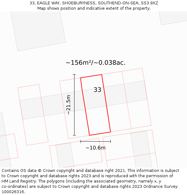 33, EAGLE WAY, SHOEBURYNESS, SOUTHEND-ON-SEA, SS3 9XZ: Plot and title map