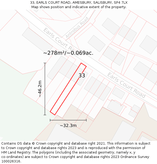 33, EARLS COURT ROAD, AMESBURY, SALISBURY, SP4 7LX: Plot and title map
