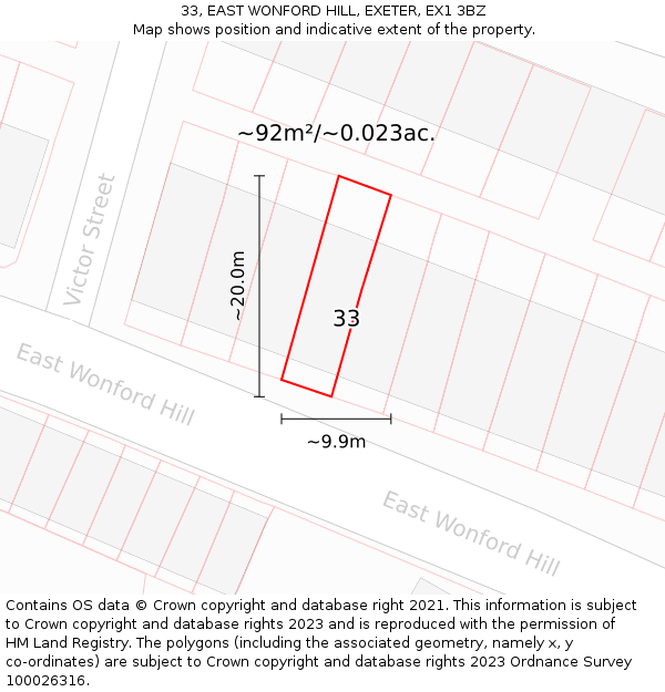 33, EAST WONFORD HILL, EXETER, EX1 3BZ: Plot and title map