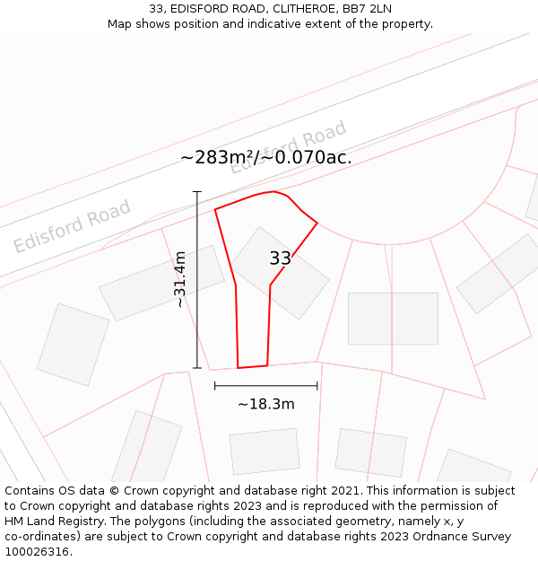 33, EDISFORD ROAD, CLITHEROE, BB7 2LN: Plot and title map