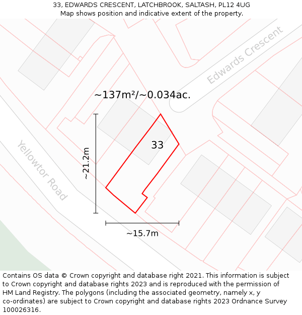 33, EDWARDS CRESCENT, LATCHBROOK, SALTASH, PL12 4UG: Plot and title map