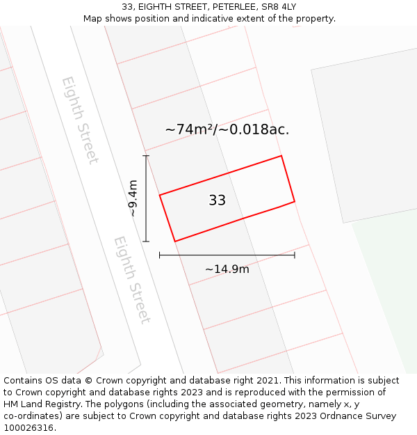 33, EIGHTH STREET, PETERLEE, SR8 4LY: Plot and title map