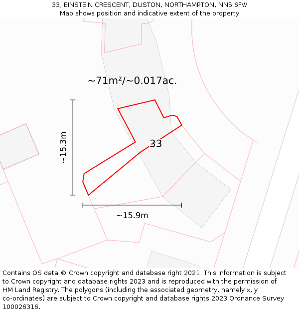 33, EINSTEIN CRESCENT, DUSTON, NORTHAMPTON, NN5 6FW: Plot and title map