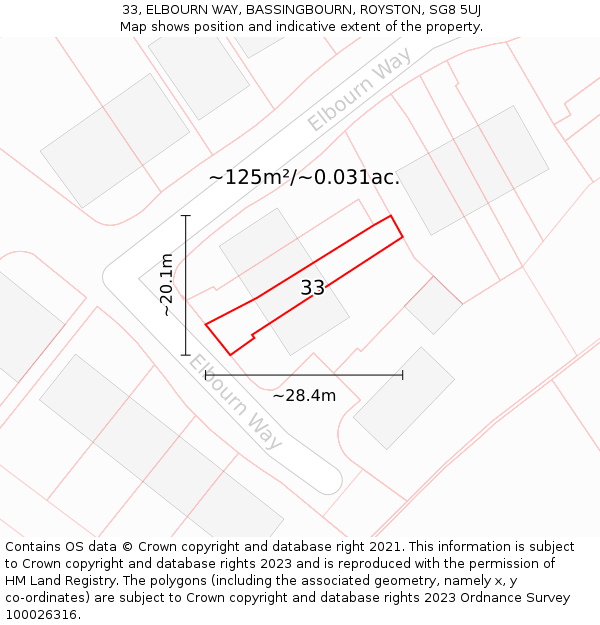 33, ELBOURN WAY, BASSINGBOURN, ROYSTON, SG8 5UJ: Plot and title map