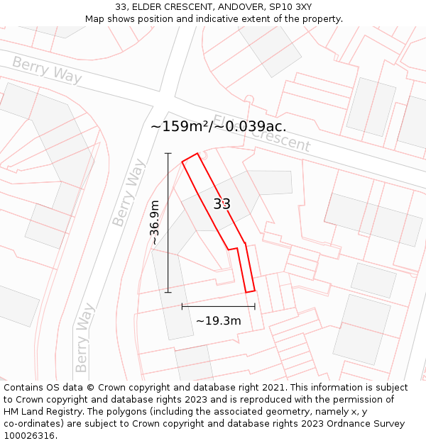 33, ELDER CRESCENT, ANDOVER, SP10 3XY: Plot and title map