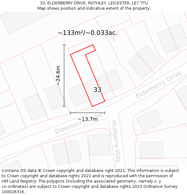33, ELDERBERRY DRIVE, ROTHLEY, LEICESTER, LE7 7TU: Plot and title map