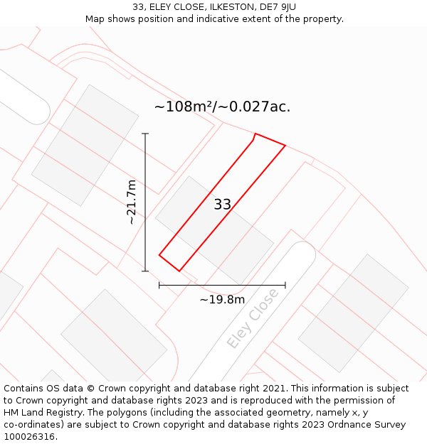 33, ELEY CLOSE, ILKESTON, DE7 9JU: Plot and title map
