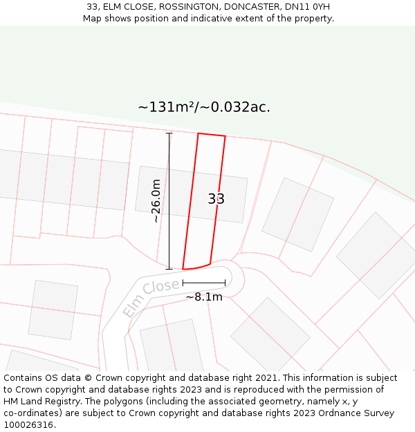 33, ELM CLOSE, ROSSINGTON, DONCASTER, DN11 0YH: Plot and title map