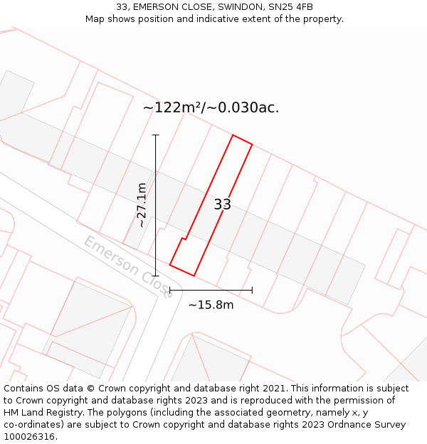 33, EMERSON CLOSE, SWINDON, SN25 4FB: Plot and title map