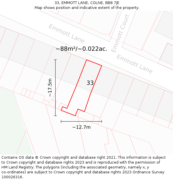 33, EMMOTT LANE, COLNE, BB8 7JE: Plot and title map