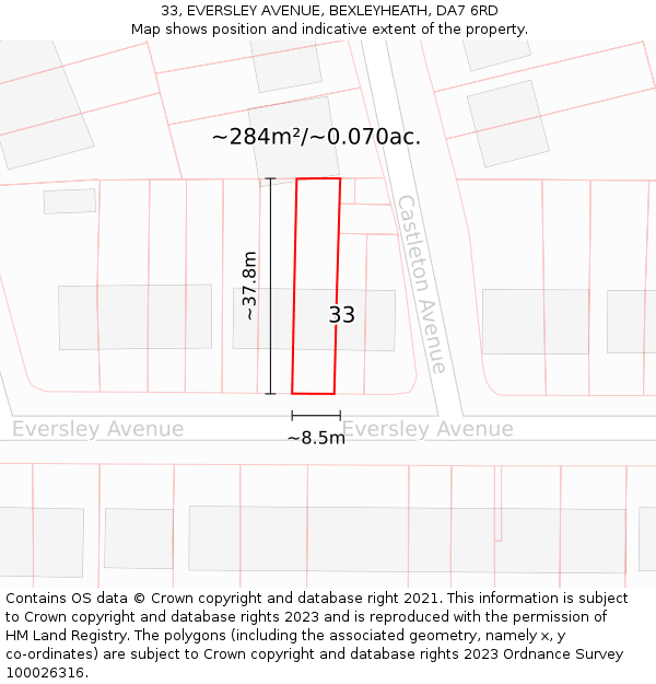 33, EVERSLEY AVENUE, BEXLEYHEATH, DA7 6RD: Plot and title map