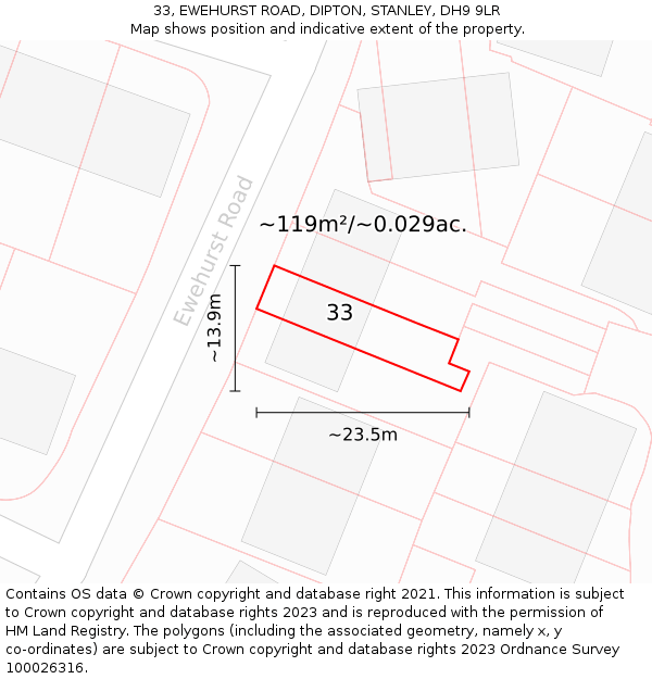 33, EWEHURST ROAD, DIPTON, STANLEY, DH9 9LR: Plot and title map