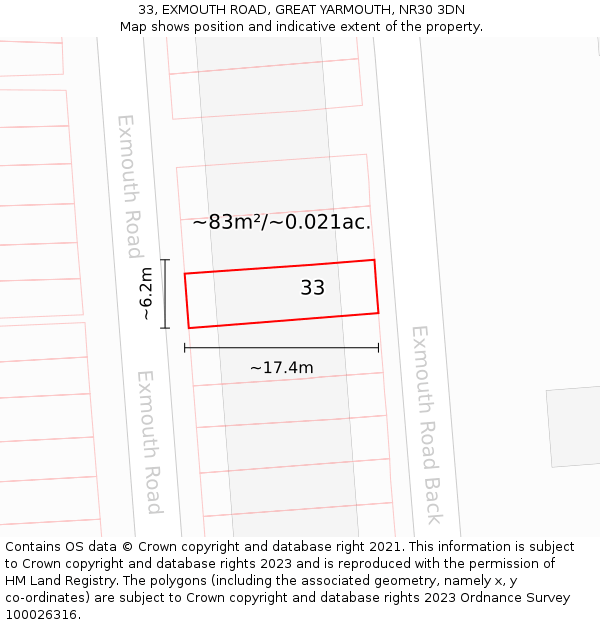 33, EXMOUTH ROAD, GREAT YARMOUTH, NR30 3DN: Plot and title map