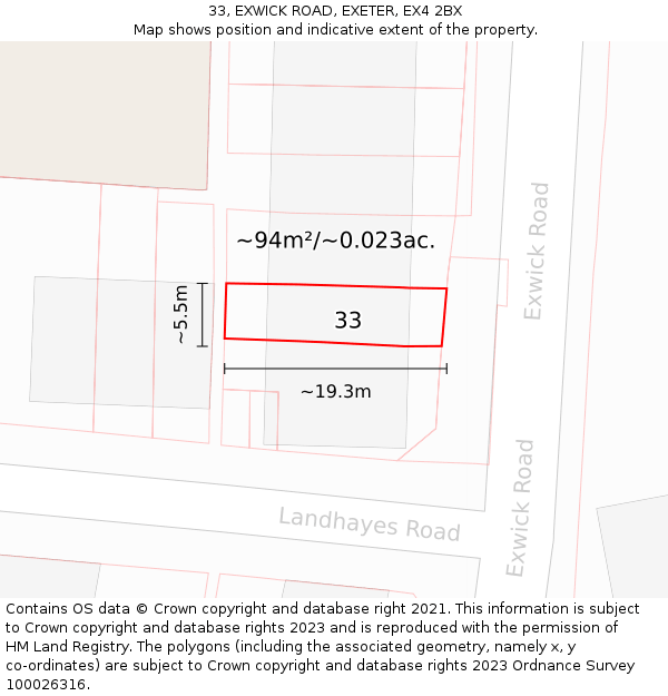 33, EXWICK ROAD, EXETER, EX4 2BX: Plot and title map