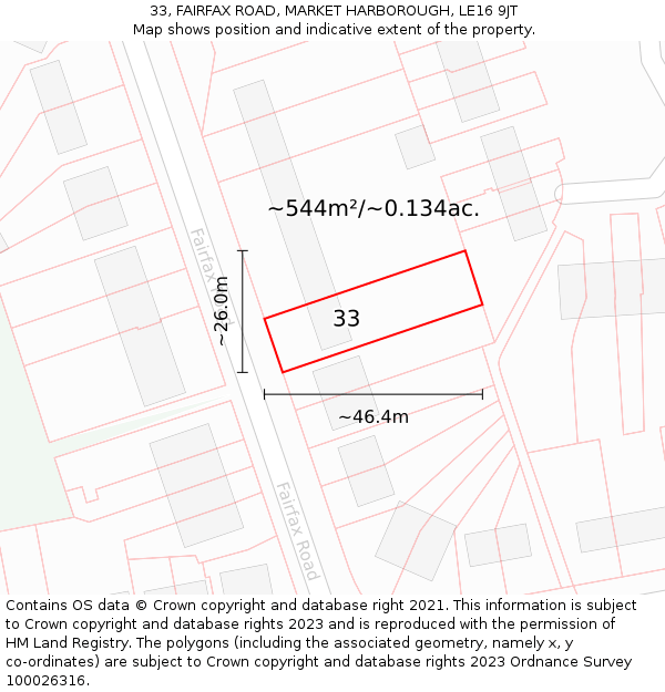 33, FAIRFAX ROAD, MARKET HARBOROUGH, LE16 9JT: Plot and title map