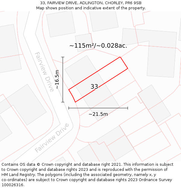 33, FAIRVIEW DRIVE, ADLINGTON, CHORLEY, PR6 9SB: Plot and title map