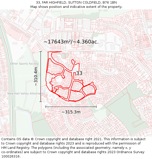 33, FAR HIGHFIELD, SUTTON COLDFIELD, B76 1BN: Plot and title map