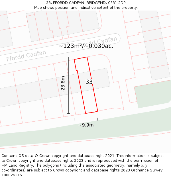 33, FFORDD CADFAN, BRIDGEND, CF31 2DP: Plot and title map