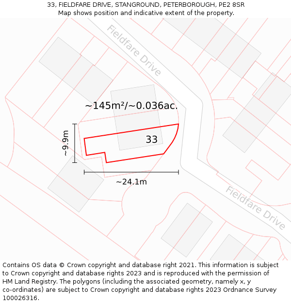 33, FIELDFARE DRIVE, STANGROUND, PETERBOROUGH, PE2 8SR: Plot and title map