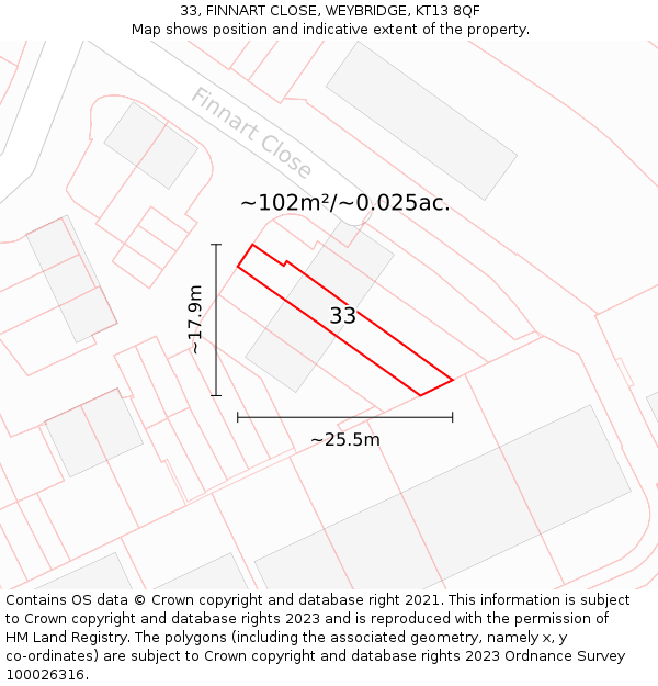 33, FINNART CLOSE, WEYBRIDGE, KT13 8QF: Plot and title map