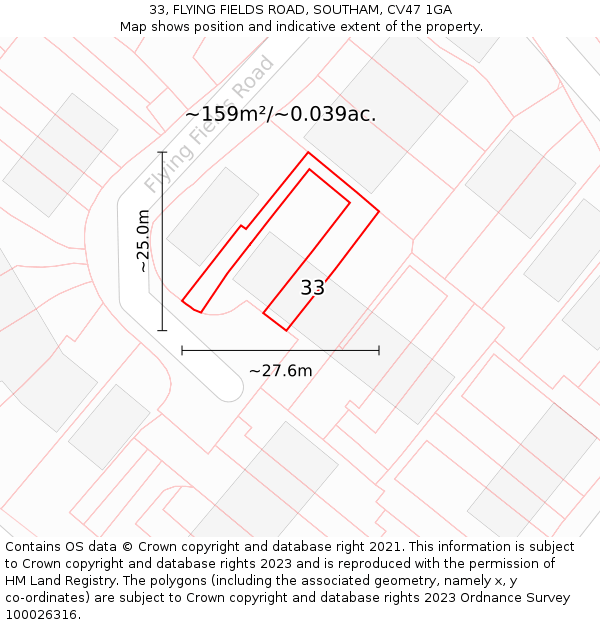 33, FLYING FIELDS ROAD, SOUTHAM, CV47 1GA: Plot and title map