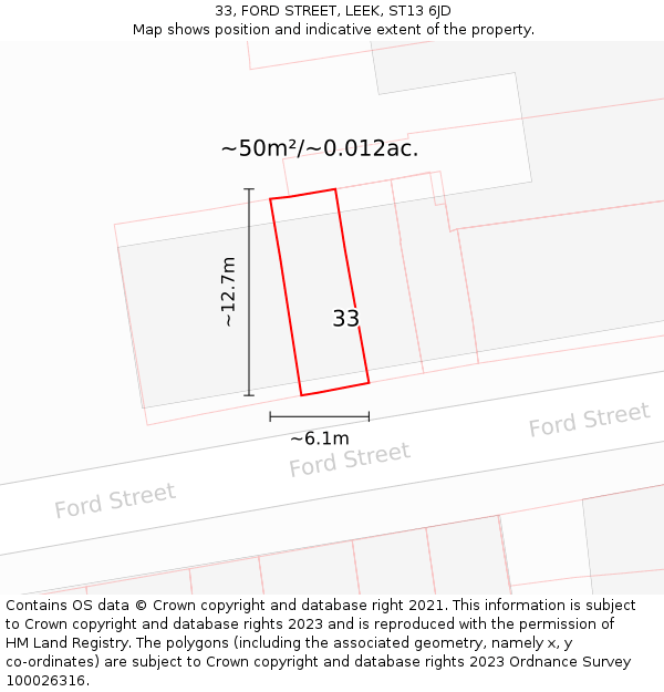 33, FORD STREET, LEEK, ST13 6JD: Plot and title map