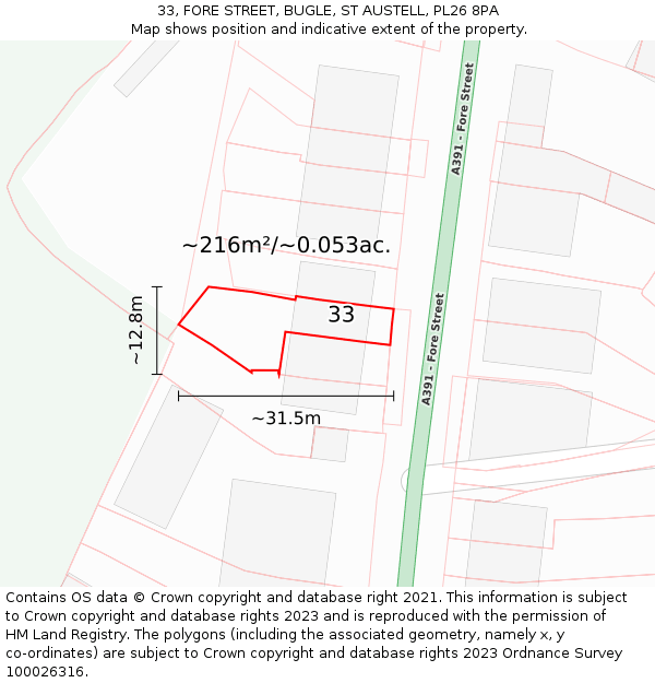 33, FORE STREET, BUGLE, ST AUSTELL, PL26 8PA: Plot and title map