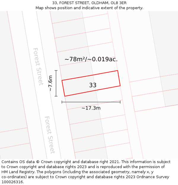 33, FOREST STREET, OLDHAM, OL8 3ER: Plot and title map