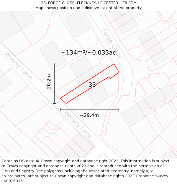 33, FORGE CLOSE, FLECKNEY, LEICESTER, LE8 8DA: Plot and title map