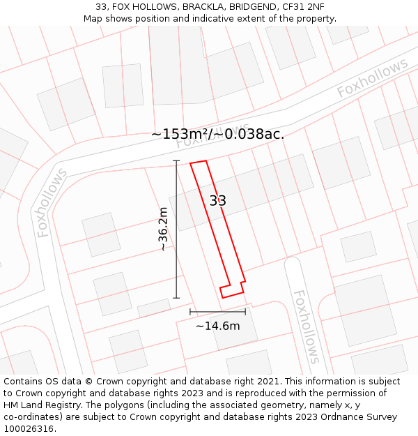 33, FOX HOLLOWS, BRACKLA, BRIDGEND, CF31 2NF: Plot and title map