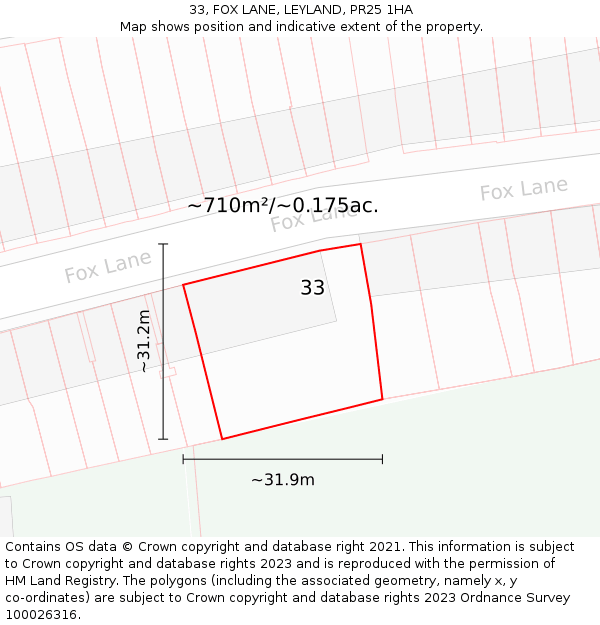33, FOX LANE, LEYLAND, PR25 1HA: Plot and title map