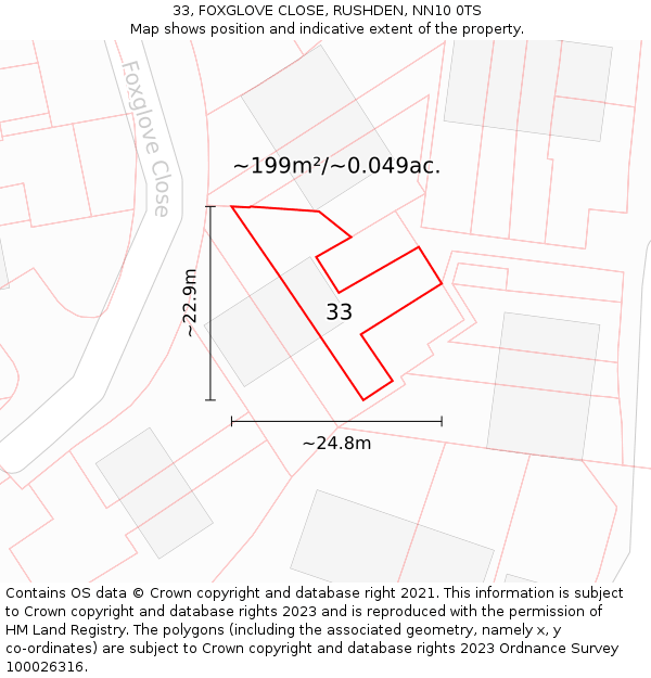 33, FOXGLOVE CLOSE, RUSHDEN, NN10 0TS: Plot and title map