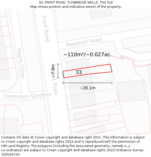 33, FRANT ROAD, TUNBRIDGE WELLS, TN2 5LE: Plot and title map