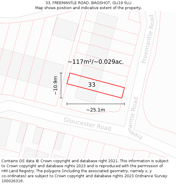 33, FREEMANTLE ROAD, BAGSHOT, GU19 5LU: Plot and title map