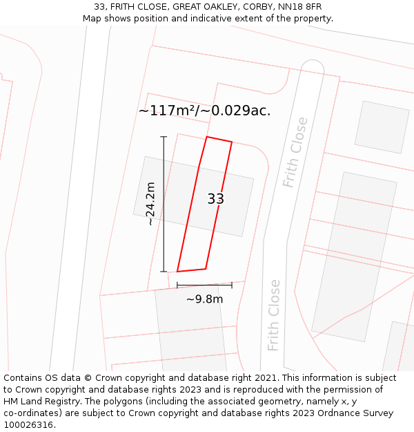 33, FRITH CLOSE, GREAT OAKLEY, CORBY, NN18 8FR: Plot and title map