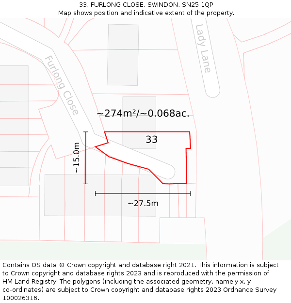 33, FURLONG CLOSE, SWINDON, SN25 1QP: Plot and title map