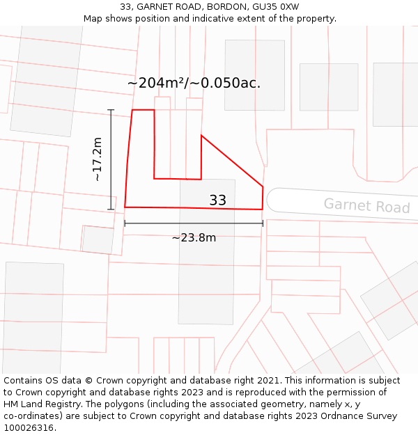 33, GARNET ROAD, BORDON, GU35 0XW: Plot and title map