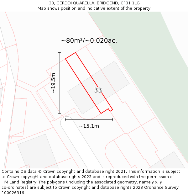 33, GERDDI QUARELLA, BRIDGEND, CF31 1LG: Plot and title map