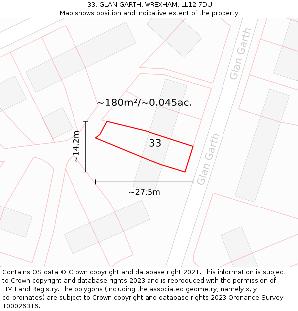 33, GLAN GARTH, WREXHAM, LL12 7DU: Plot and title map