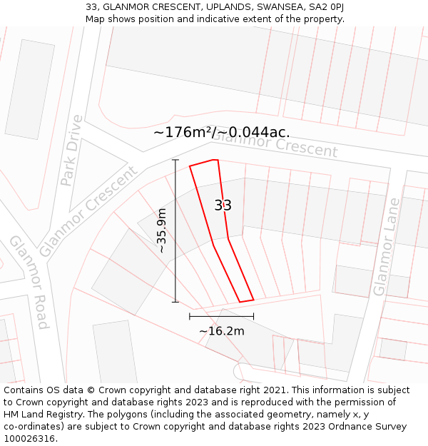 33, GLANMOR CRESCENT, UPLANDS, SWANSEA, SA2 0PJ: Plot and title map