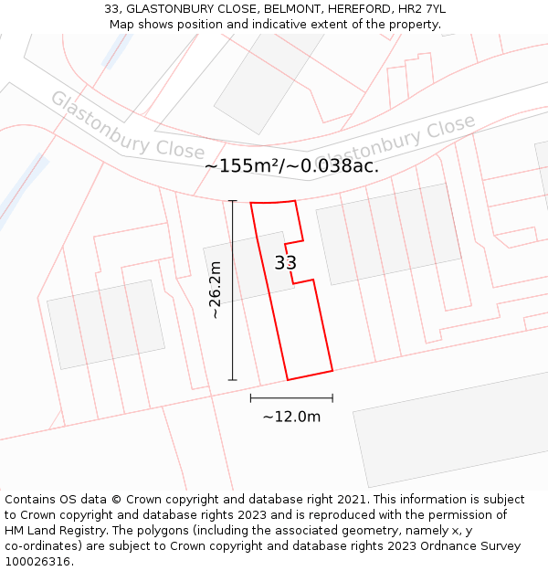 33, GLASTONBURY CLOSE, BELMONT, HEREFORD, HR2 7YL: Plot and title map