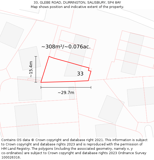 33, GLEBE ROAD, DURRINGTON, SALISBURY, SP4 8AY: Plot and title map