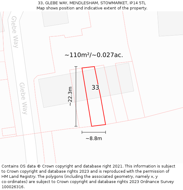33, GLEBE WAY, MENDLESHAM, STOWMARKET, IP14 5TL: Plot and title map