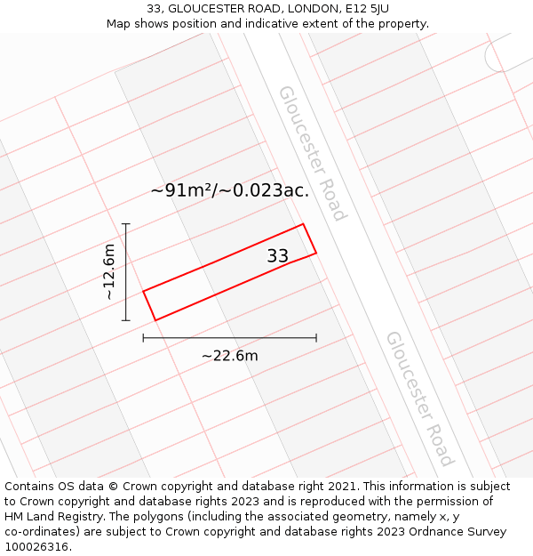 33, GLOUCESTER ROAD, LONDON, E12 5JU: Plot and title map