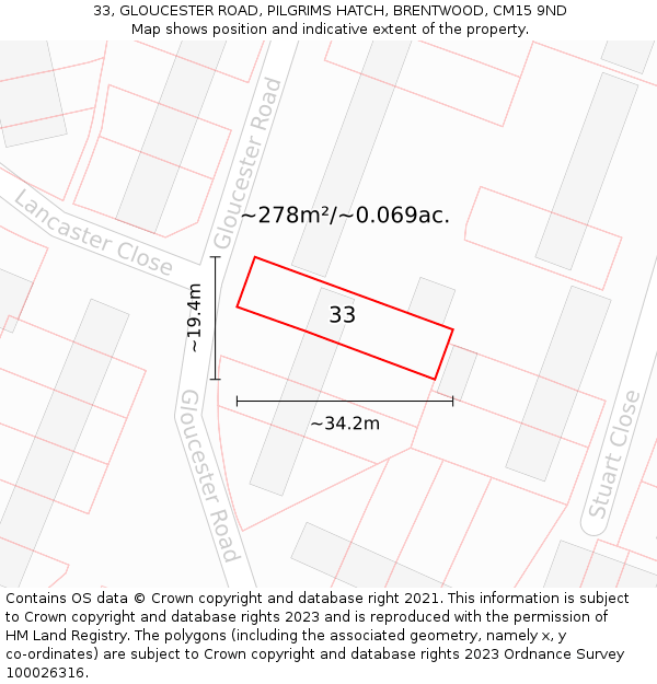 33, GLOUCESTER ROAD, PILGRIMS HATCH, BRENTWOOD, CM15 9ND: Plot and title map