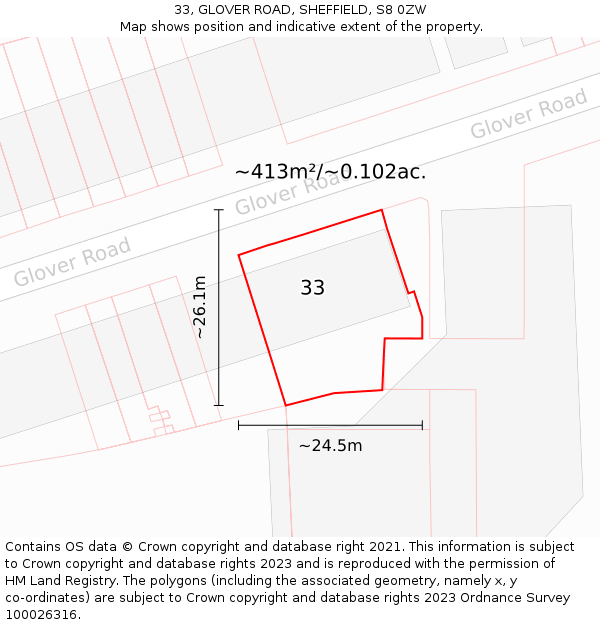 33, GLOVER ROAD, SHEFFIELD, S8 0ZW: Plot and title map